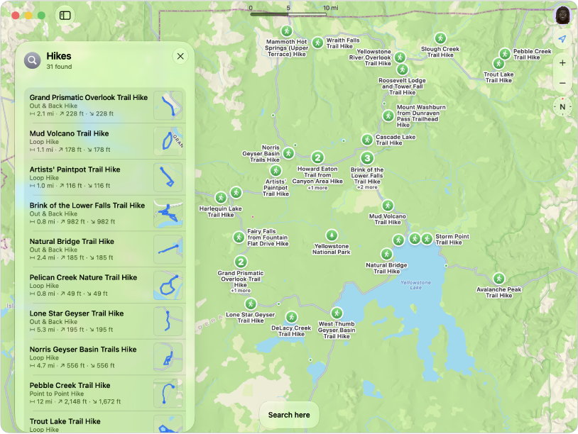 A map of a national park showing the length, elevation gain and loss, and routes for several trails.