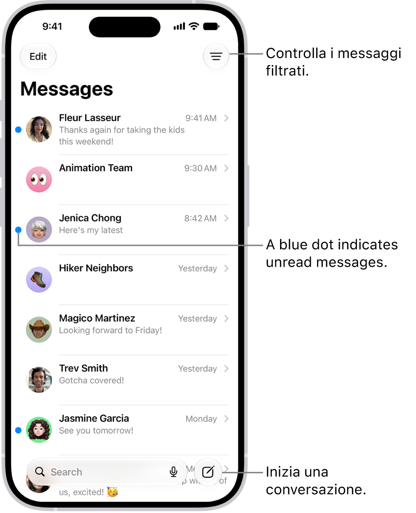 L’elenco delle conversazioni di Messaggi, con il pulsante Scrivi in basso a destra. Un pallino blu a sinistra del messaggio indica che non è stato letto.