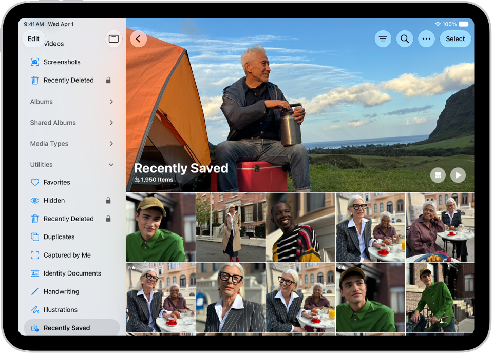 The Recently Saved collection is open in the Photos app, showing photos and videos.