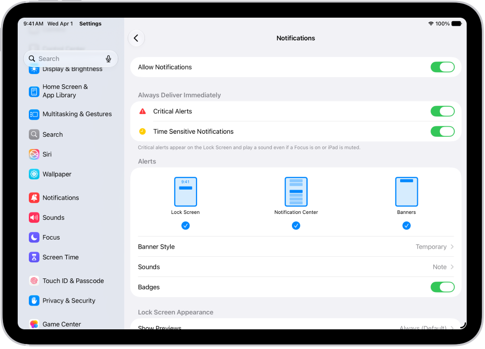 La configuración de notificaciones de Mensajes en Configuración.
