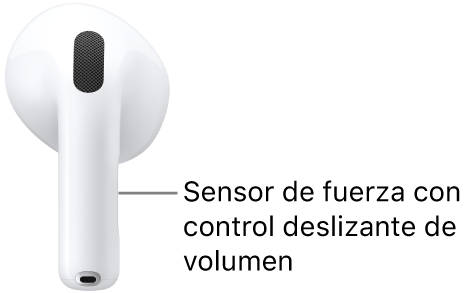 La ubicación del sensor de fuerza con deslizamiento de volumen de los AirPods&nbsp;5 con estuche de carga inalámbrica a lo largo del extremo de cada uno de tus AirPods.