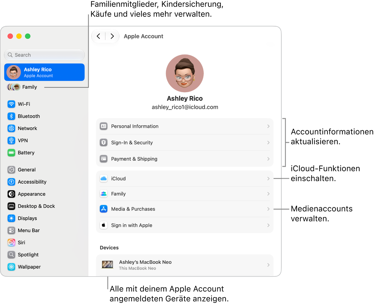 Die Einstellungen „Apple&nbsp;Account“ in den Systemeinstellungen mit Beschriftungen zum Aktualisieren der Accountinformationen, Ein- bzw. Ausschalten von iCloud-Funktionen, Verwalten von Medienaccounts und Anpassen der Einstellungen für „Familie“, um Familienmitglieder, Kindersicherung, Käufe und mehr zu verwalten.