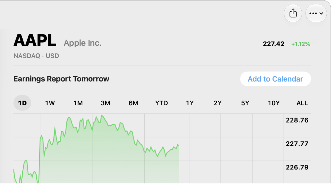 A Stocks window with a button to add an upcoming earnings report to Calendar.