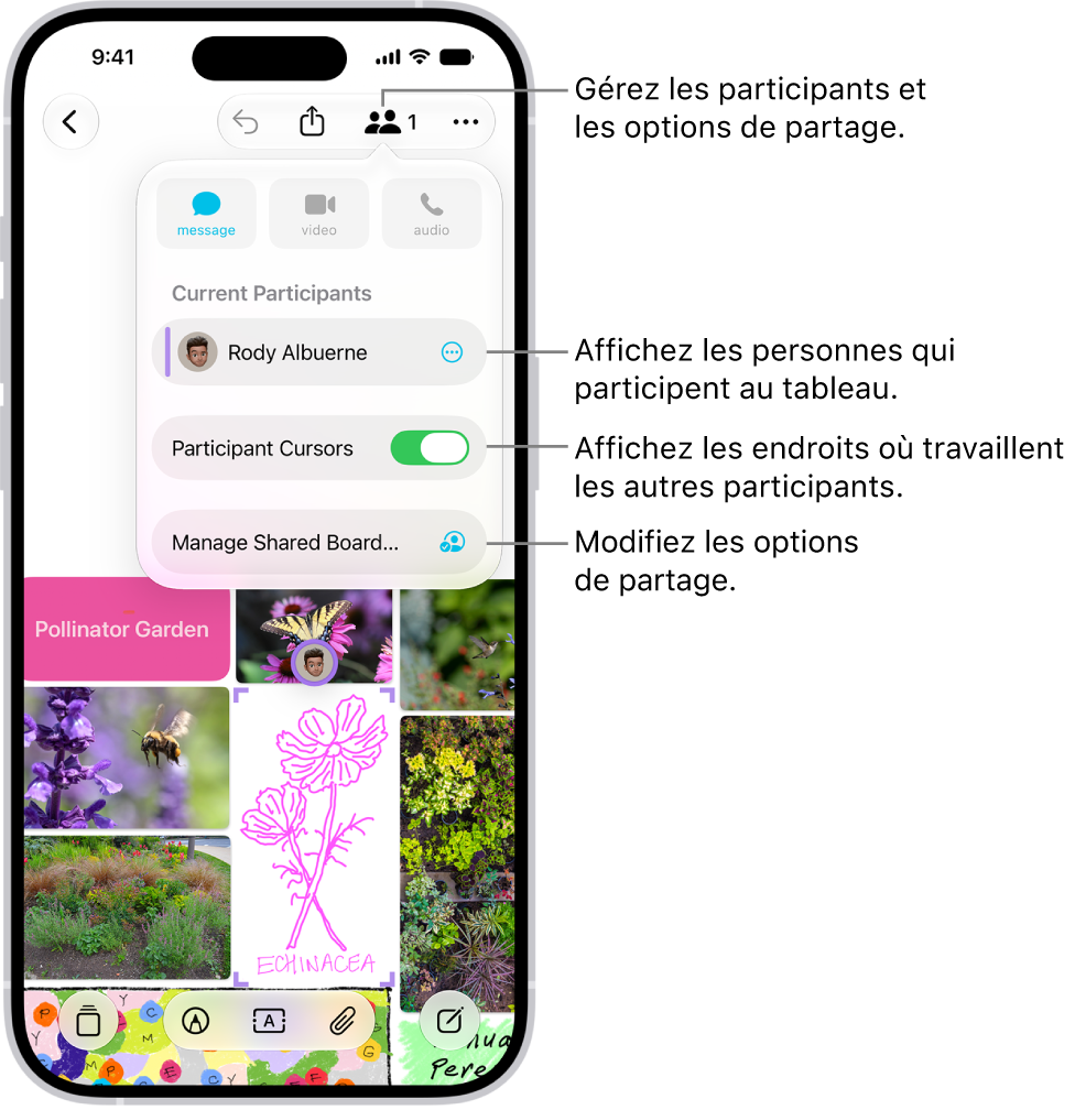 Un tableau Freeform partagé sur iPhone avec le menu de collaboration ouvert.