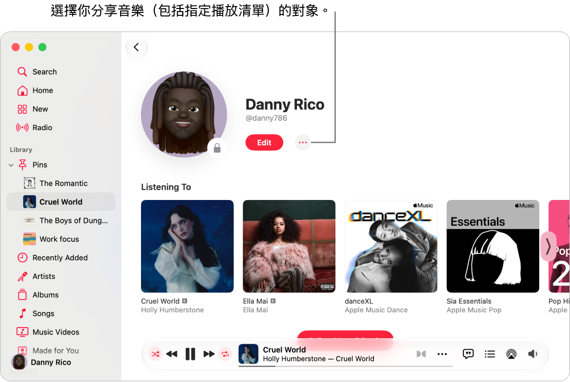 Apple Music 中的個人檔案頁面：在視窗的最上方，按一下「更多」按鈕（位於「編輯」按鈕的右邊）來分享你的音樂。