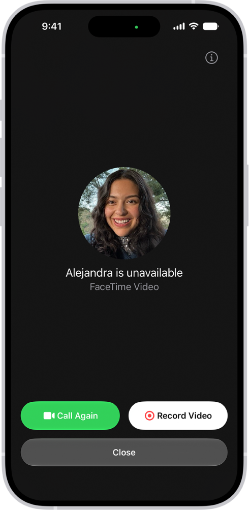 The screen for recording a video message when the person you’re calling is unavailable. It includes a Call Again button and a Record Video button you can tap to record a video message.