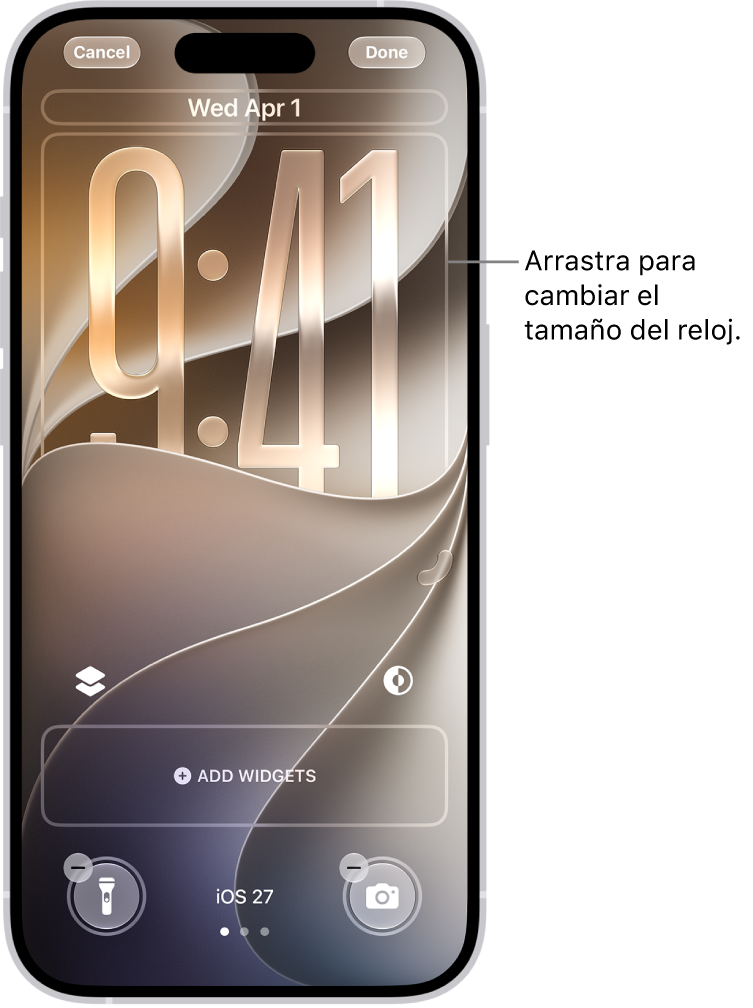 Pantalla de bloqueo personalizada durante su proceso de edición. Se han seleccionado los elementos disponibles para la personalización: la fecha, la hora y un botón para añadir widgets.