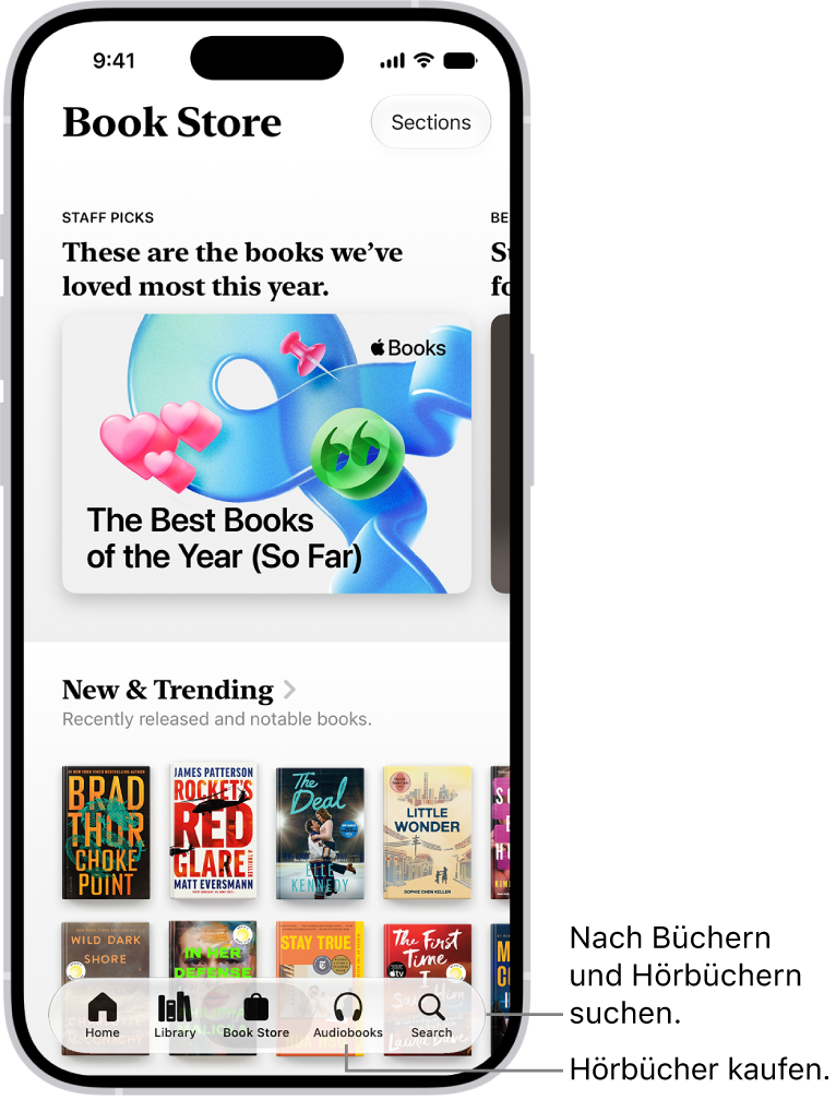 Der Bildschirm „Book Store“ in der App „Bücher“. Unten auf dem Bildschirm sind von links nach rechts die Tabs „Home“, „Bibliothek“, „Book&nbsp;Store“, „Hörbücher“ und „Suchen“ zu sehen. Der Tab „Book Store“ ist ausgewählt.
