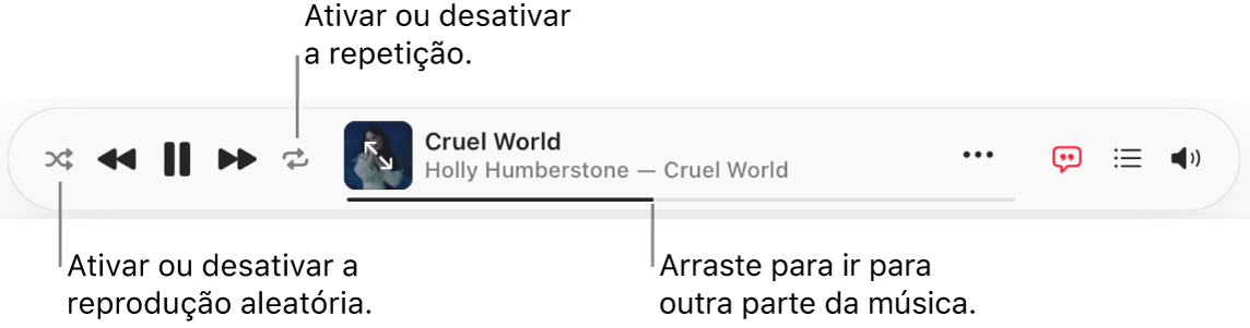 A parte superior de Apple&nbsp;Music com uma música a ser reproduzida. Os controlos de reprodução encontram‑se à esquerda.