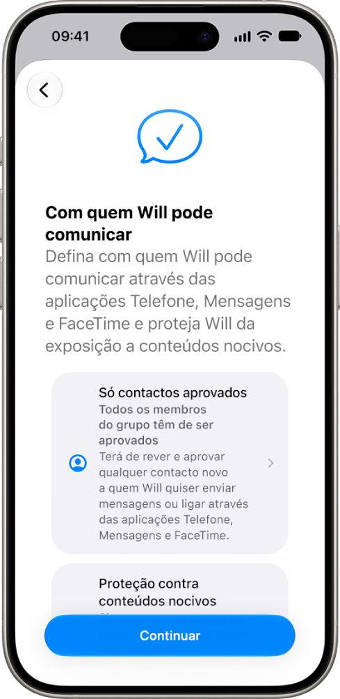 O ecrã de configuração dos controlos parentais com opções para decidir com quem uma criança pode comunicar.