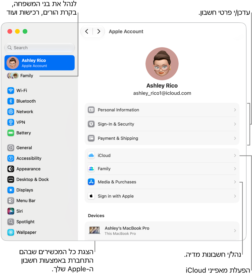 הגדרות חשבון Apple ב״הגדרות המערכת״ עם תיבות הסבר המצביעות על עדכון פרטי החשבון, הפעלה או השבתה של מאפייני iCloud, ניהול חשבונות מדיה ושינוי הגדרות ״משפחה״, שם ניתן לנהל חשבונות של בני המשפחה, בקרות הורים, רכישות ועוד.