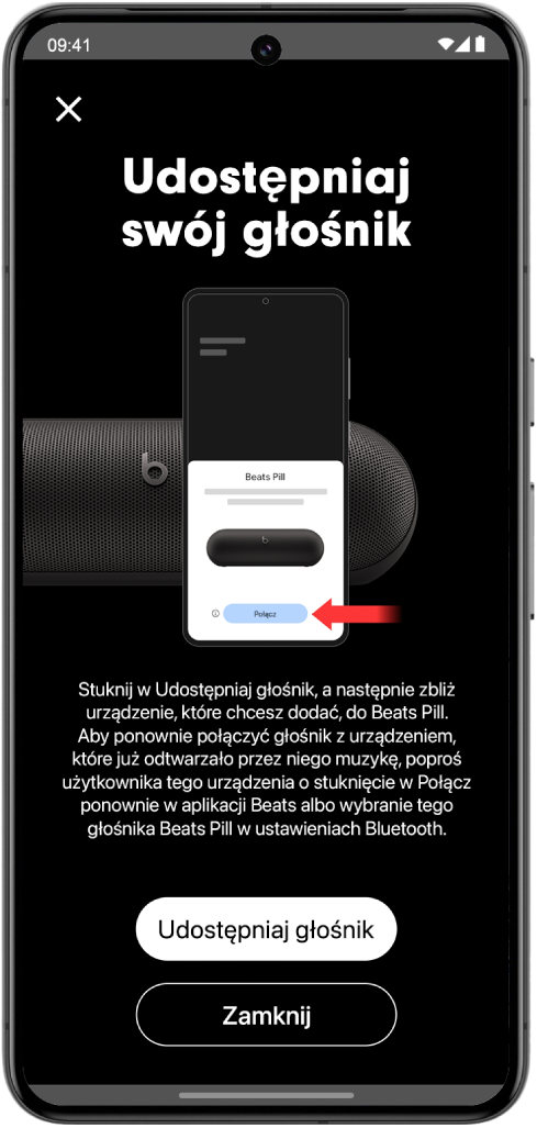 Ekran udostępniania głośnika w&nbsp;aplikacji Beats, zawierający przyciski Udostępniaj głośnik oraz Zamknij.