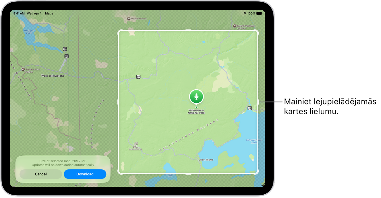 iPad ierīce ar dabas parka karti. Parkam apkārt ir kvadrāts ar turiem, kurus var pārvietot, lai mainītu lejupielādējamās kartes lielumu. Atlasītās kartes lejupielādes lielums ir norādīts netālu no kartes apakšas. Ekrāna apakšdaļā ir pogas Cancel un Download.
