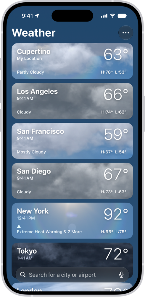 The Weather app showing a list of cities with the current time, temperature, forecast, and high and low temperatures. At the bottom of the screen is the search field and in the top-right corner is the More button.