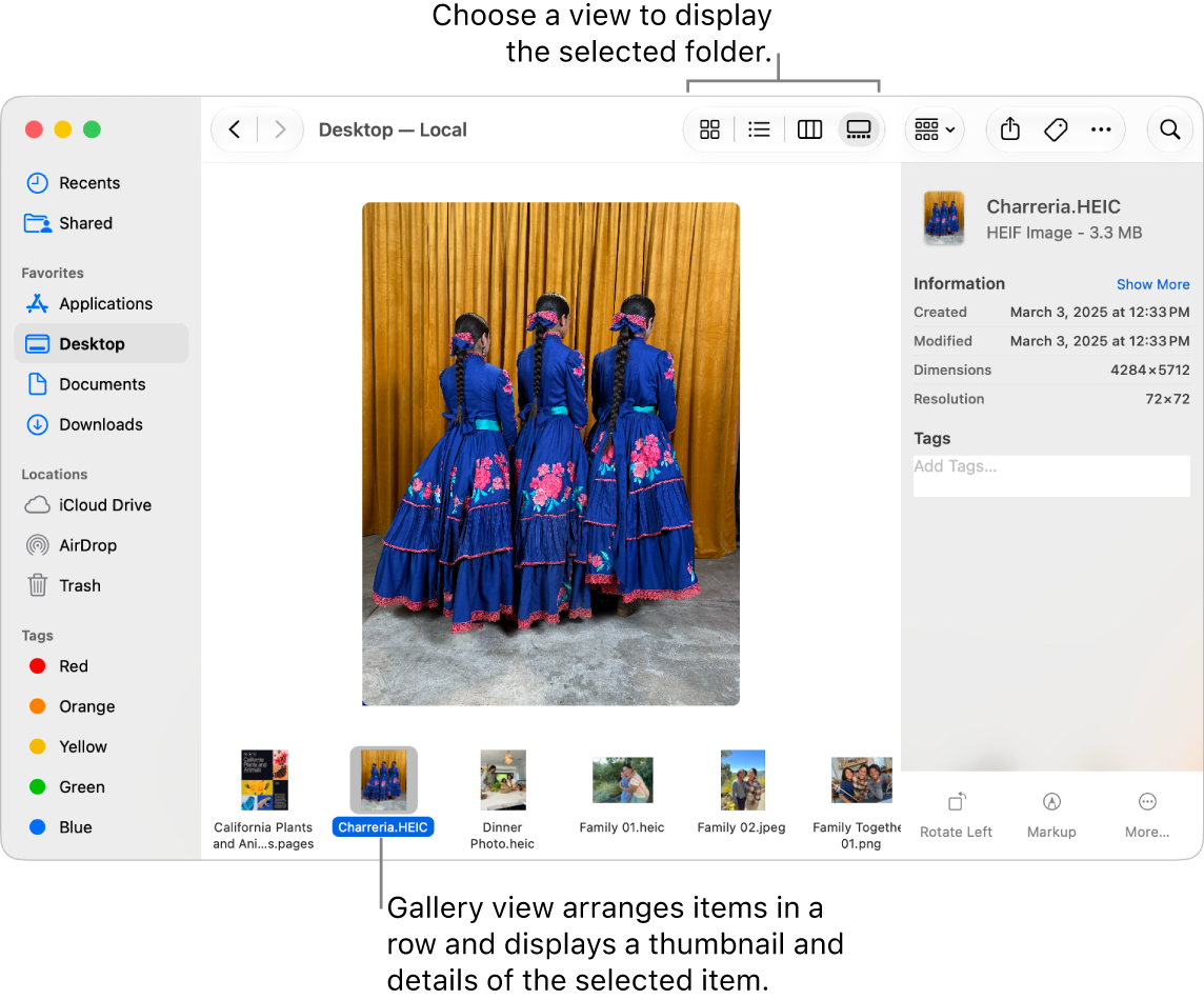A Finder window showing the Finder sidebar on the left and an image file selected in the bottom of the window. In the middle, the Preview pane shows what the image looks like, with the image details and the Quick Actions buttons at the right.