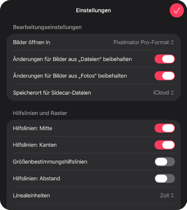Dialog „Einstellungen“ der App „Pixelmator&nbsp;Pro“.