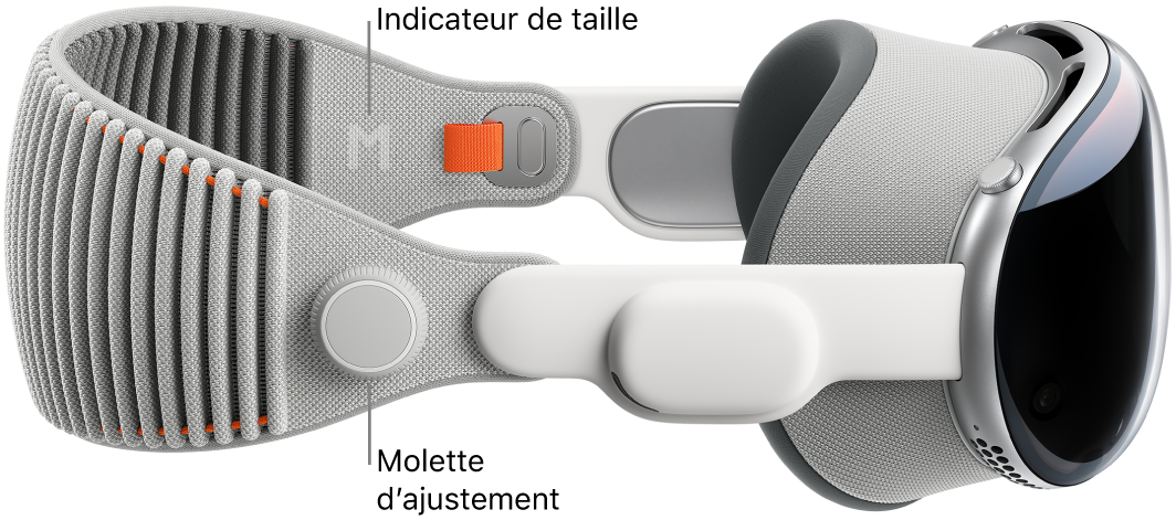 Apple&nbsp;Vision&nbsp;Pro avec le bandeau tissé solo. La molette d’ajustement se trouve sur le côté droit du bandeau tissé solo.