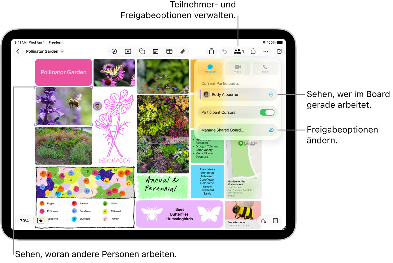 Ein geteiltes Freeform-Board auf dem iPad mit dem geöffneten Menü zum Zusammenarbeiten und der Position der anderen teilnehmenden Personen, die auf dem Board mit bunten Häkchen markiert sind.