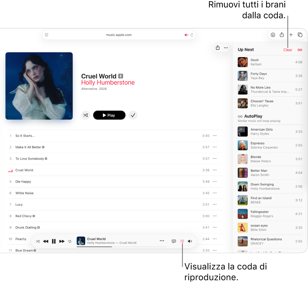 Un brano è in riproduzione su Apple&nbsp;Music. Viene selezionato il pulsante “In coda” nell’angolo superiore destro e diventa visibile la coda di riproduzione.