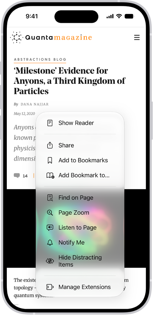 A website is open in Safari. The Page Menu button is selected and listening controls are displayed.