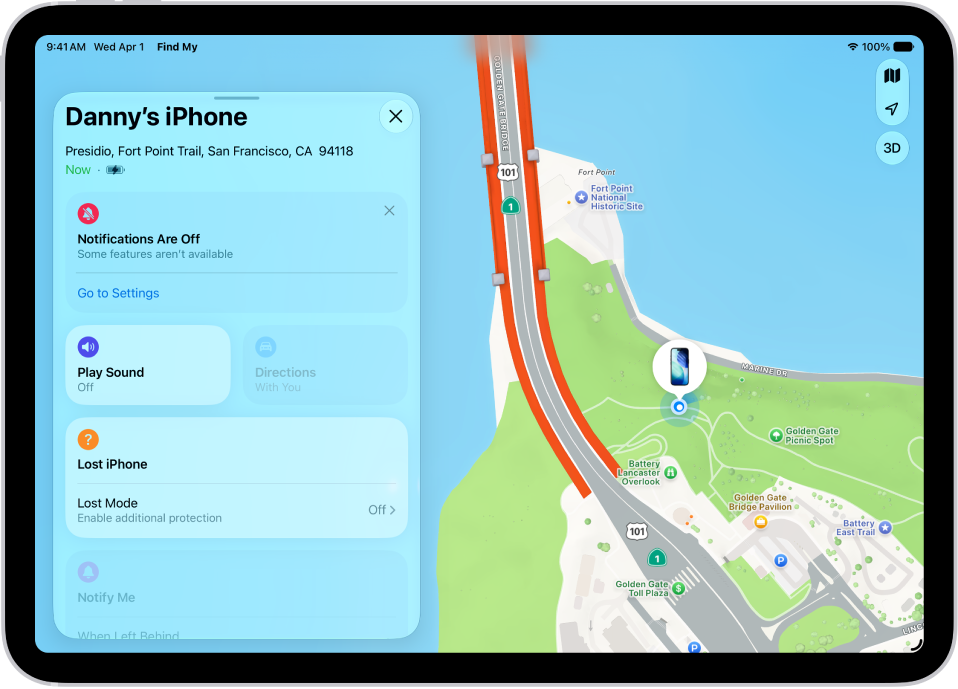 Écran affichant les réglages de l’app Localiser, avec des options permettant d’activer les notifications.