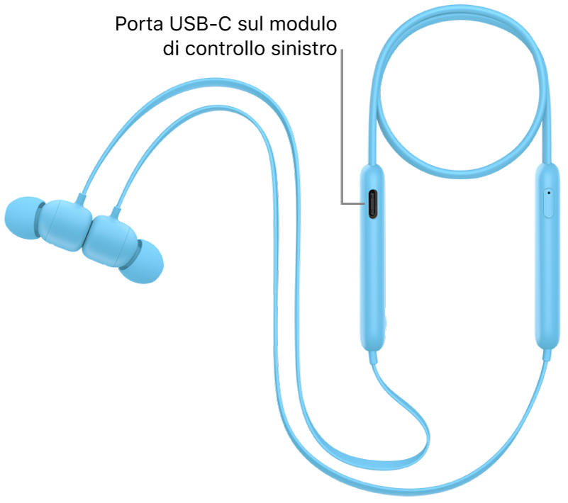 La porta di ricarica USB-C nella parte inferiore del modulo di controllo sinistro dei Beats&nbsp;Flex.