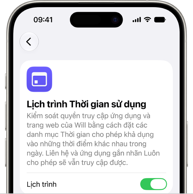Màn hình Lịch trình Thời gian sử dụng.