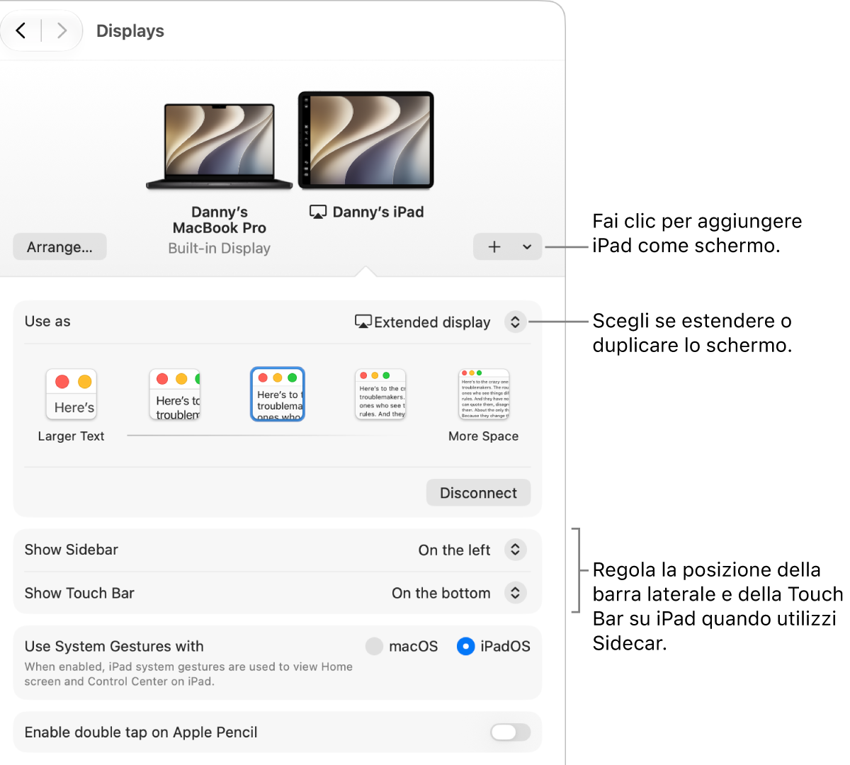 Il pannello delle impostazioni Schermi sul Mac che mostra le opzioni per configurare Sidecar.
