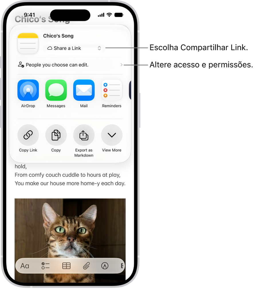 Um convite de colaboração para uma receita no app Notas, mostrando a opção de compartilhamento Compartilhar Link e o ajuste de permissão de acesso “As pessoas que você escolher podem editar”. Abaixo, são apresentadas quatro maneiras diferentes de compartilhar a nota: AirDrop, Mensagens, Mail e Lembretes.