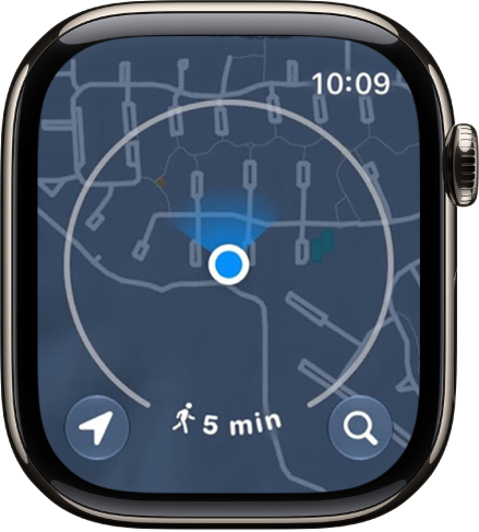 The Maps app with a circle around the current location, representing a five-minute walking radius.