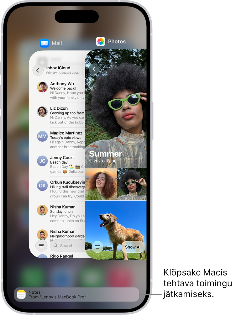 iPhone’i App Switcheris kuvatakse ekraani allosas üleandmise märguannet.