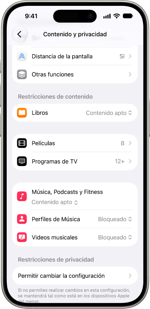 La pantalla Contenido y privacidad en la configuración de Tiempo en pantalla muestra las restricciones de contenido para categorías como Libros, Películas y más.