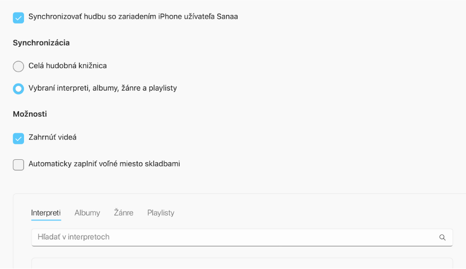 Zobrazuje sa zaškrtávacie políčko „Synchronizovať hudbu so zariadením“ spolu s doplňujúcimi možnosťami na synchronizáciu celej knižnice alebo len vybranej hudby spolu s videami a nahrávkami.