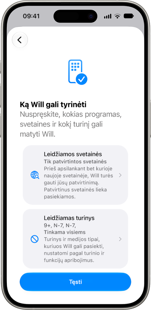 Tėvų kontrolės priemonių nustatymo ekranas, kuriame rodomos prieigos prie turinio, pvz., programų ir svetainių, parinktys.