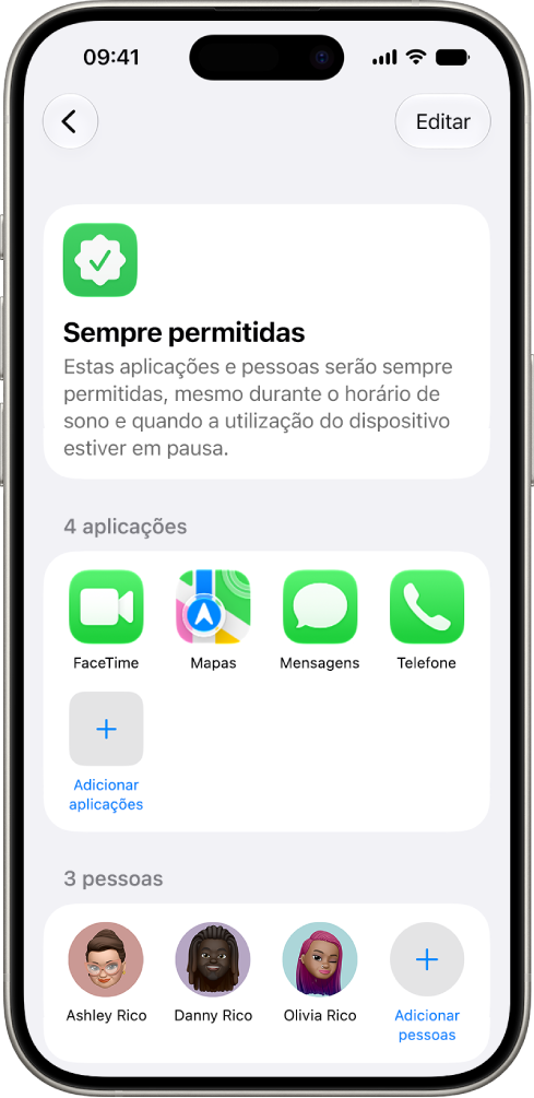 O ecrã “Sempre permitidas” nas definições de Tempo de ecrã, com aplicações e contactos que devem ser sempre permitidos.