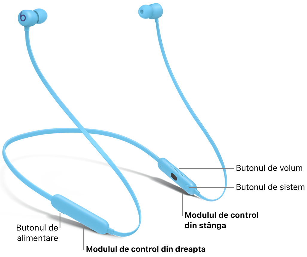 Imagine cu Beats&nbsp;Flex afișând locul butonului de alimentare pe modulul de control din dreapta și locul butonului de volum și al butonului de sistem pe modulul de control din stânga.