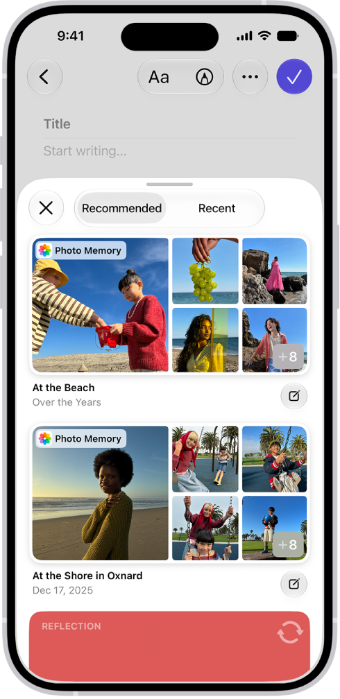 A screen in the Journal app showing photos highlighted as journaling suggestions.