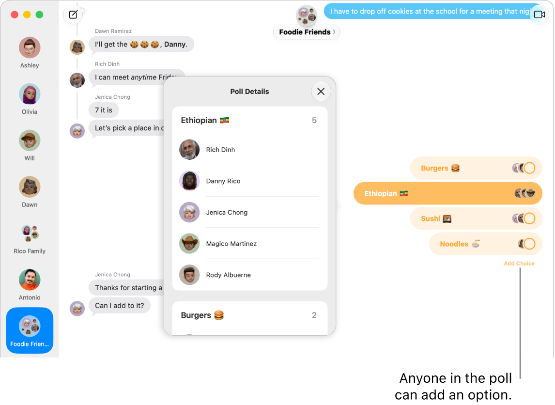 In a Messages conversation, a poll shows options in horizontal bars and a breakdown of voting results in Poll Details.