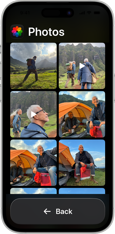 An iPhone in Assistive Access with the Photos app open, showing a large grid of photos.