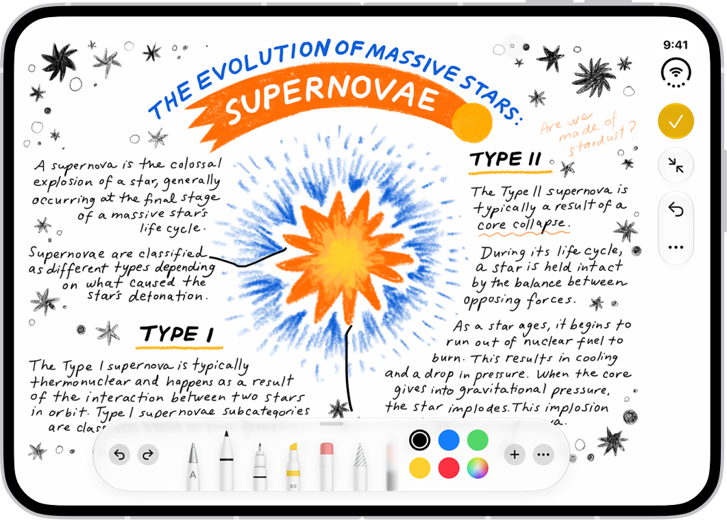 A note is open in the Notes app, and the Markup toolbar is open at the bottom of the screen. The Markup tools shown from left to right are: the Pen, Mono line, Marker, Eraser, Lasso, Ruler, and Pencil, followed by the Color Picker button and the Add button.