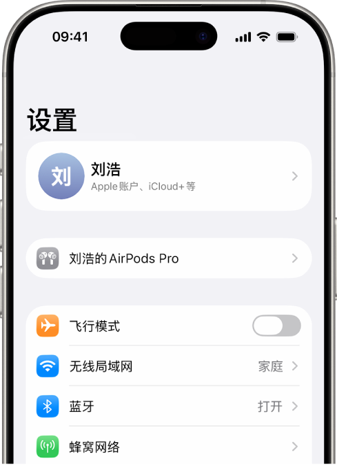 iPhone 上的“设置” App，屏幕顶部列出了用户连接的 AirPods。