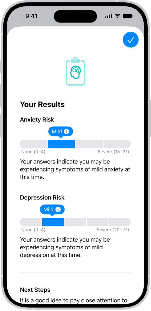 A screen in the Health app showing results of a mental health questionnaire.