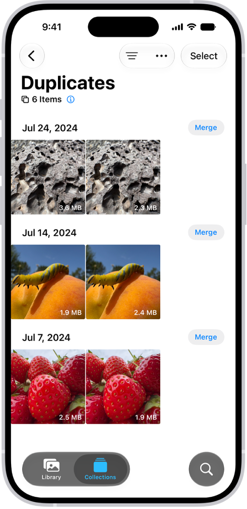 The Duplicates screen, showing duplicate photos next to each other. On the right side of the screen are Merge buttons to merge each pair of duplicate photos.