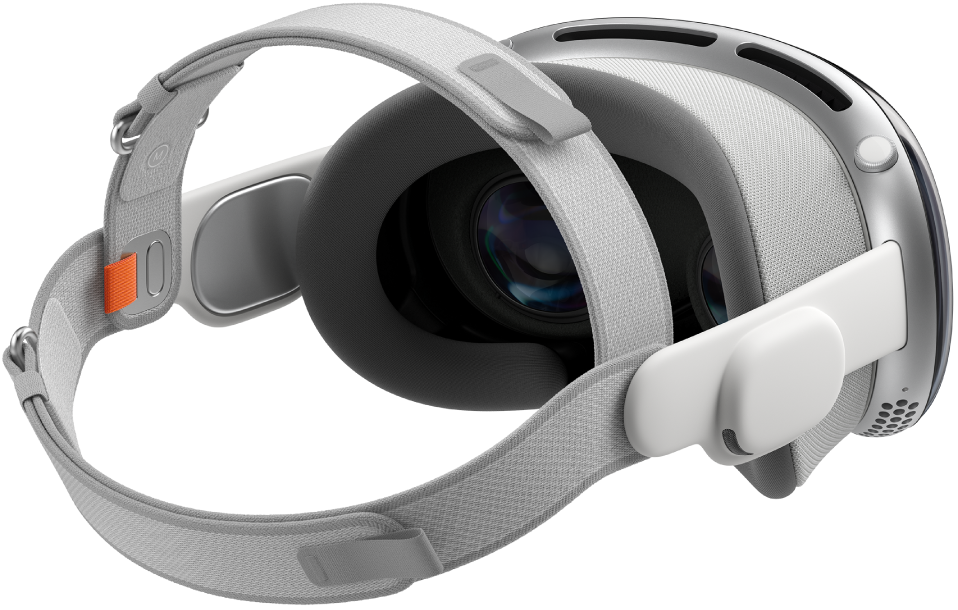 L’Apple&nbsp;Vision&nbsp;Pro sur lequel est fixé le bandeau tissé double, avec les sangles velcro ajustées.