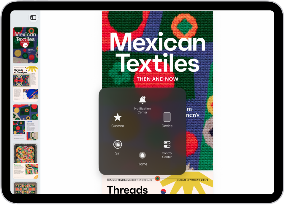Un iPad con el menú de AssistiveTouch abierto, donde están los controles para centro de notificaciones, dispositivo, centro de control, inicio, Siri y personalizado.