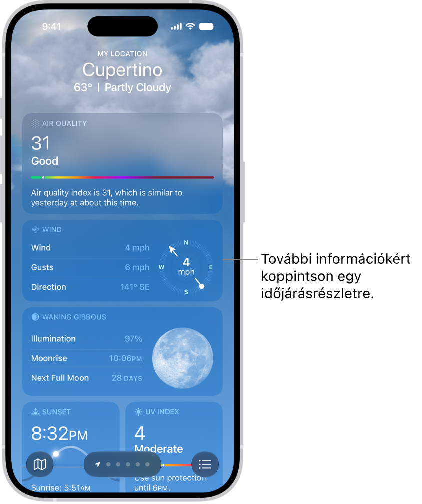 Az Időjárás app egy hely időjárási részleteit jeleníti meg.