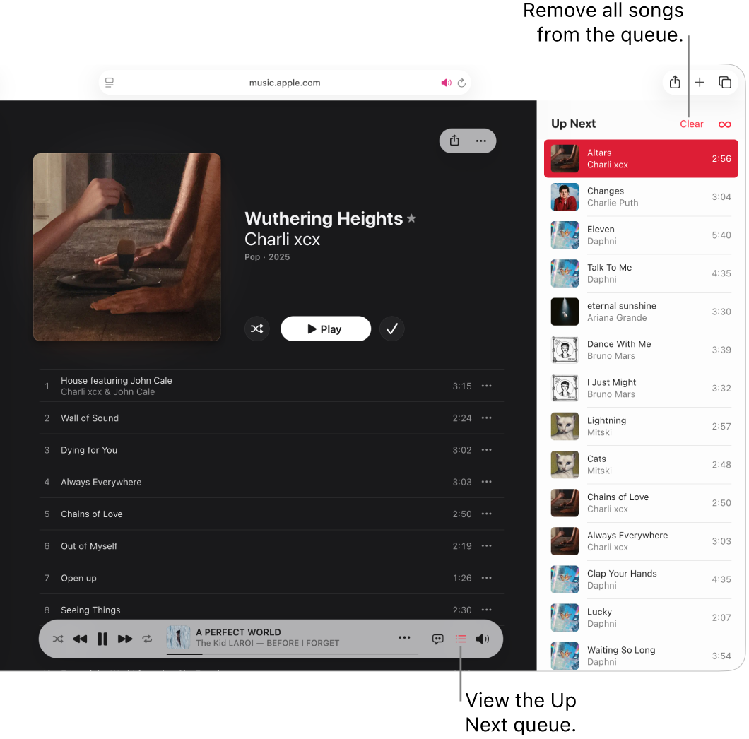 A song is playing in Apple Music. The Up Next button at the top-right corner is selected and the queue is visible. 