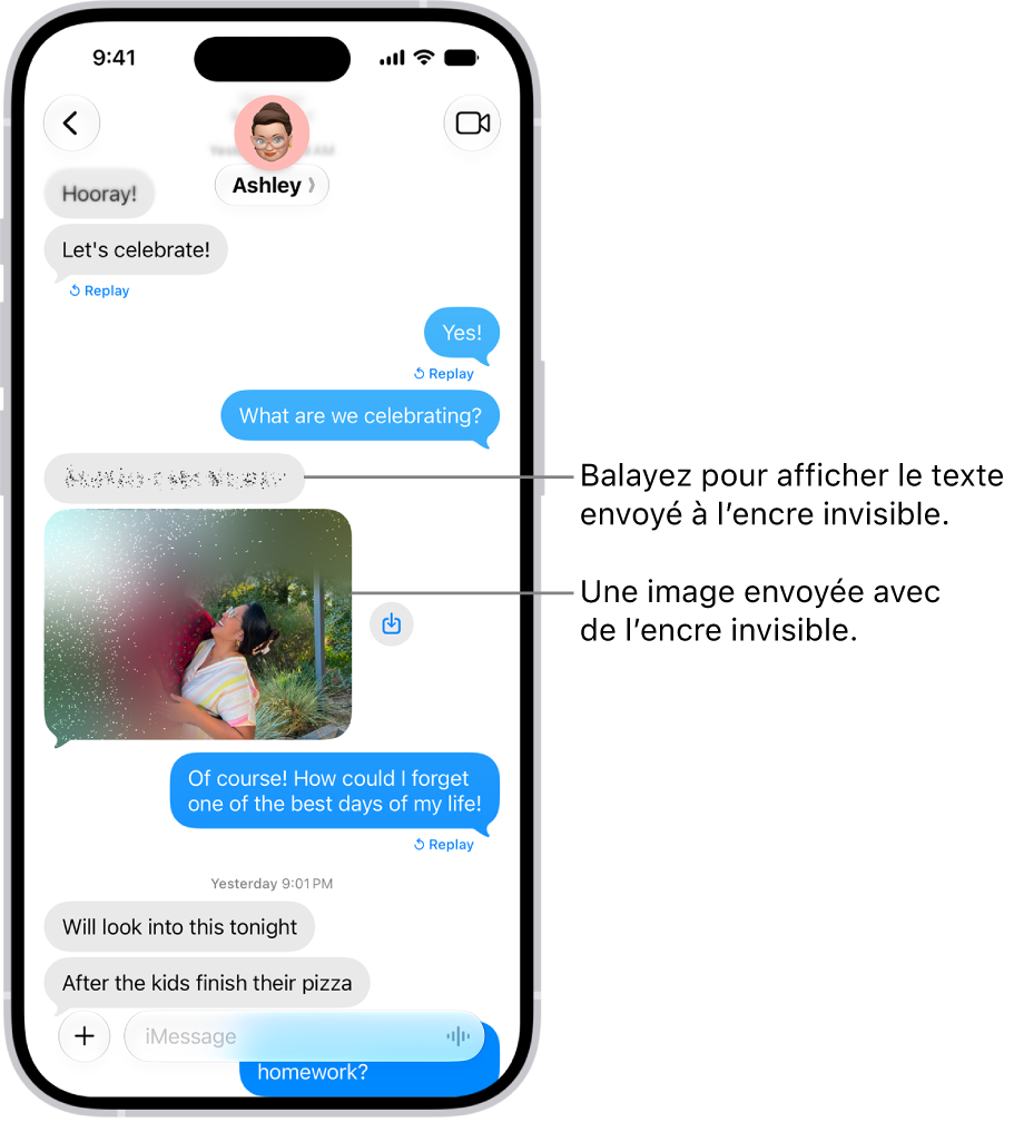Une conversation dans Messages avec un SMS et une photo envoyés avec l’effet Encre invisible.