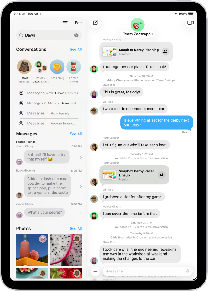 A Messages screen showing a group conversation.
