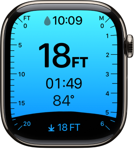Sui modelli Series di Apple&nbsp;Watch, l’app Profondità mostra la profondità attuale, il tempo trascorso in immersione, la temperatura dell’acqua e la profondità massima dell’immersione. I marcatori lungo il lato sinistro indicano la profondità in piedi da 0 a 20. I marcatori lungo il destro indicano la profondità in metri da 0 a 6.